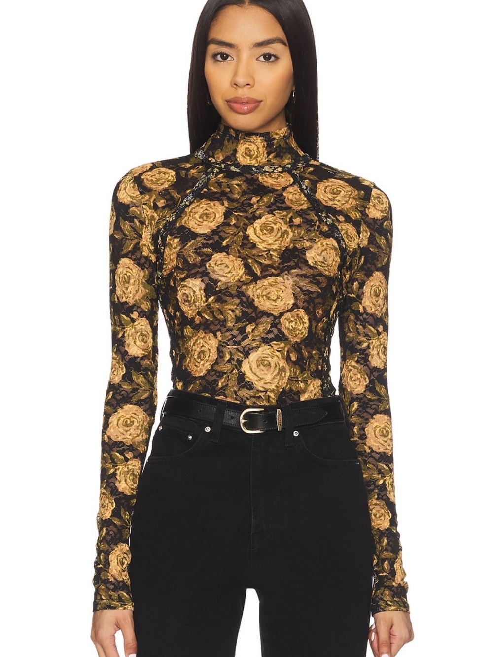Free People Lyric Black Gold Floral Lace Mock Neck Top Size Small